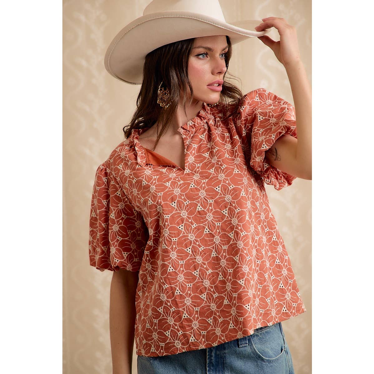 WOMEN RUST COTTON EYELET PUFF SLEEVE BLOUSE