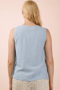 Half Button Down Pintuck Sleeveless Woven Top