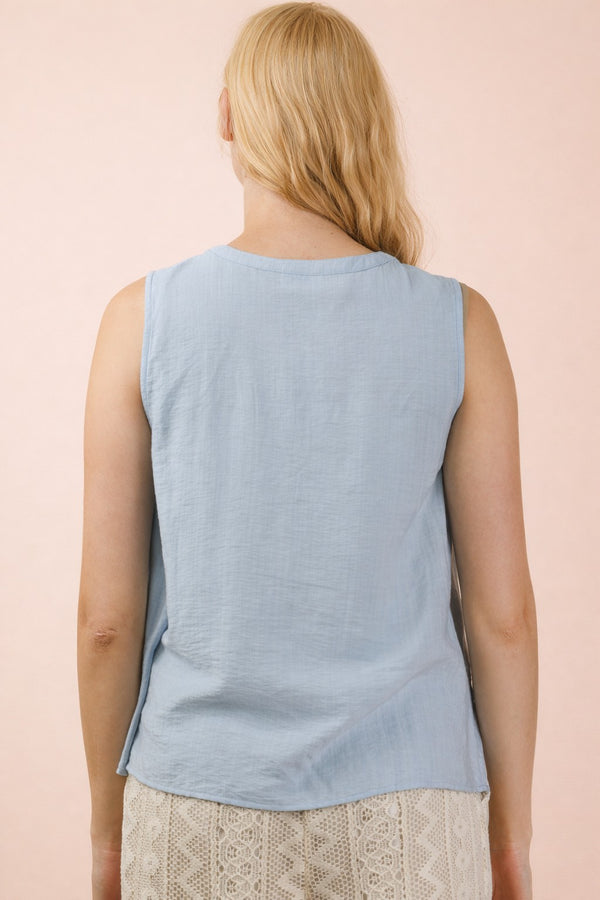 Half Button Down Pintuck Sleeveless Woven Top