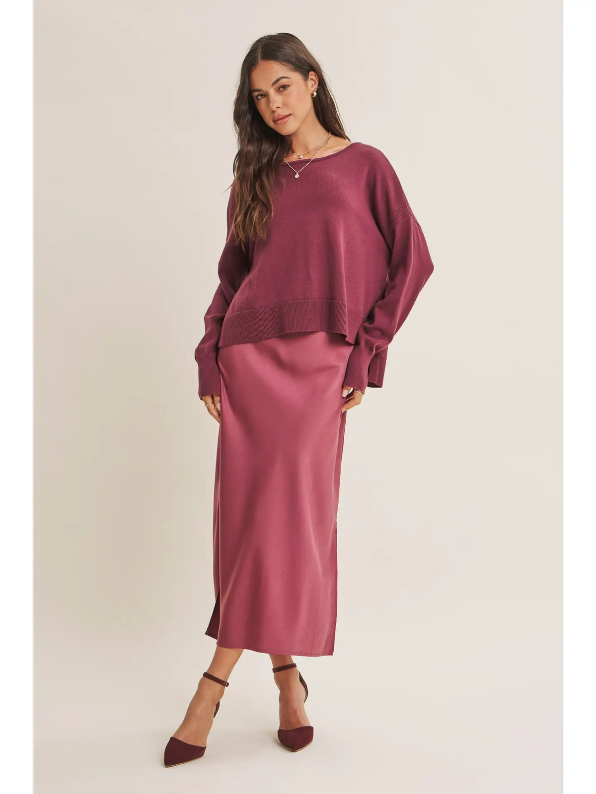 Romance Boat Neck Sweater and Satin Slip Midi Dress Set