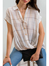 Plaid Button Down Draped Woven Top