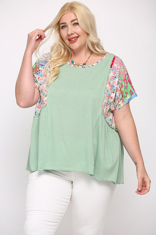 Short Sleeve Solid Patchwork  Plus Top