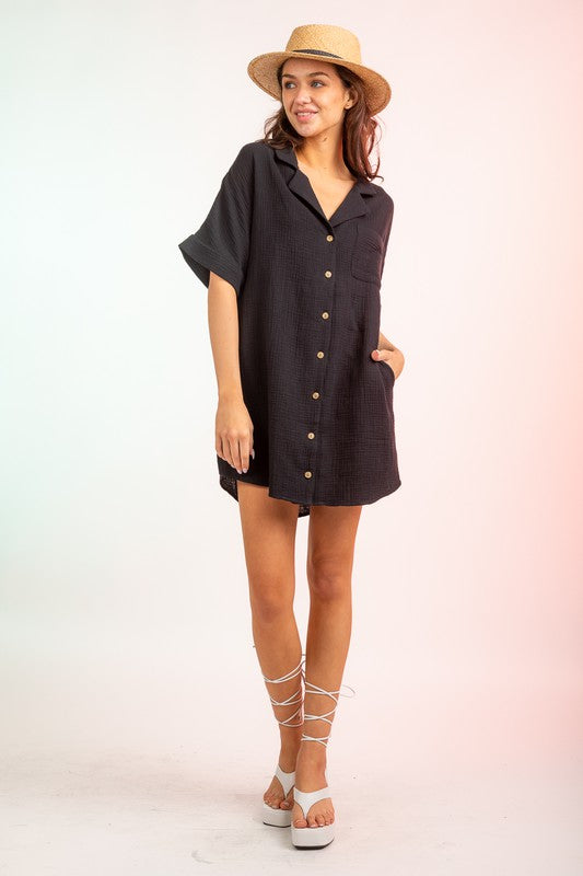 Half Sleeve Cutout Mini Shirt Dress