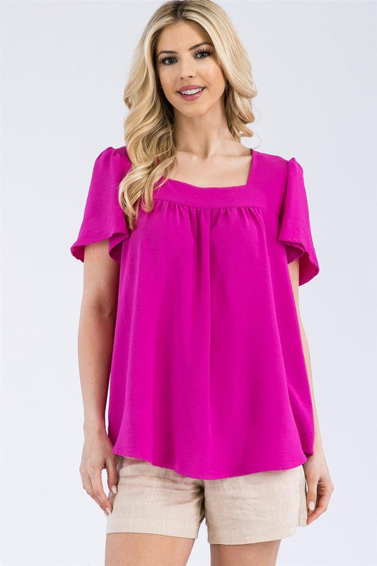 Square Neck Flutter Sleeve Woeven Top