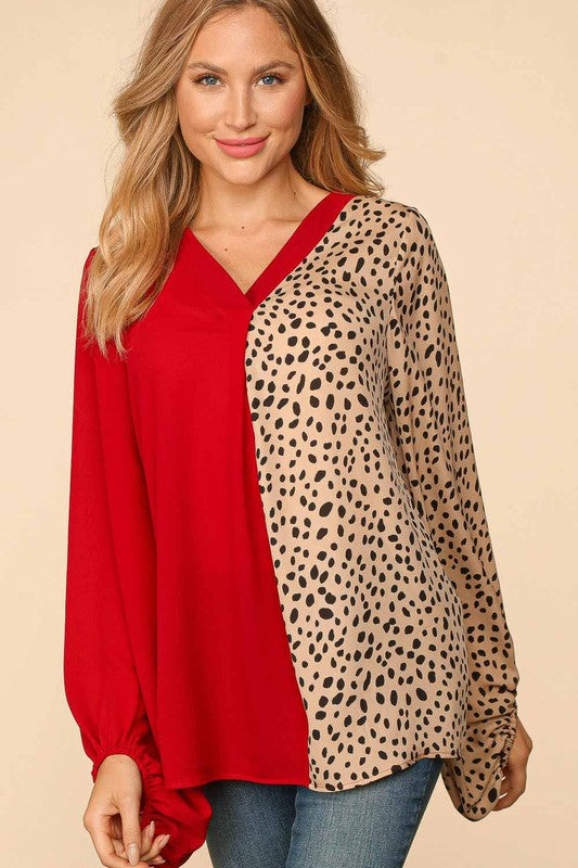 Long Sleeve Banded Leopard Plus Blouse