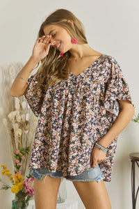 Short Sleeve Floral V-Neck Blouse