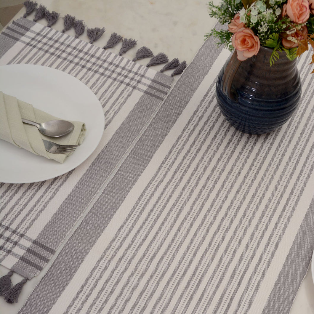 Striped 100% Cotton Gray Rectangular Table Runner