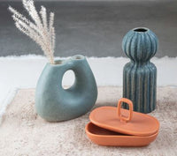 Terracotta Vase with Two Openings, Matte Teal