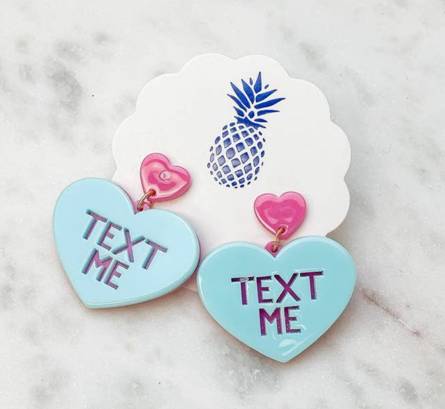 Acrylic Text Me Heart Earrings