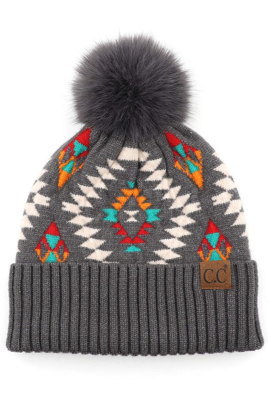 C.C Soft Aztec Pattern Beanie Hat With Faux Pom